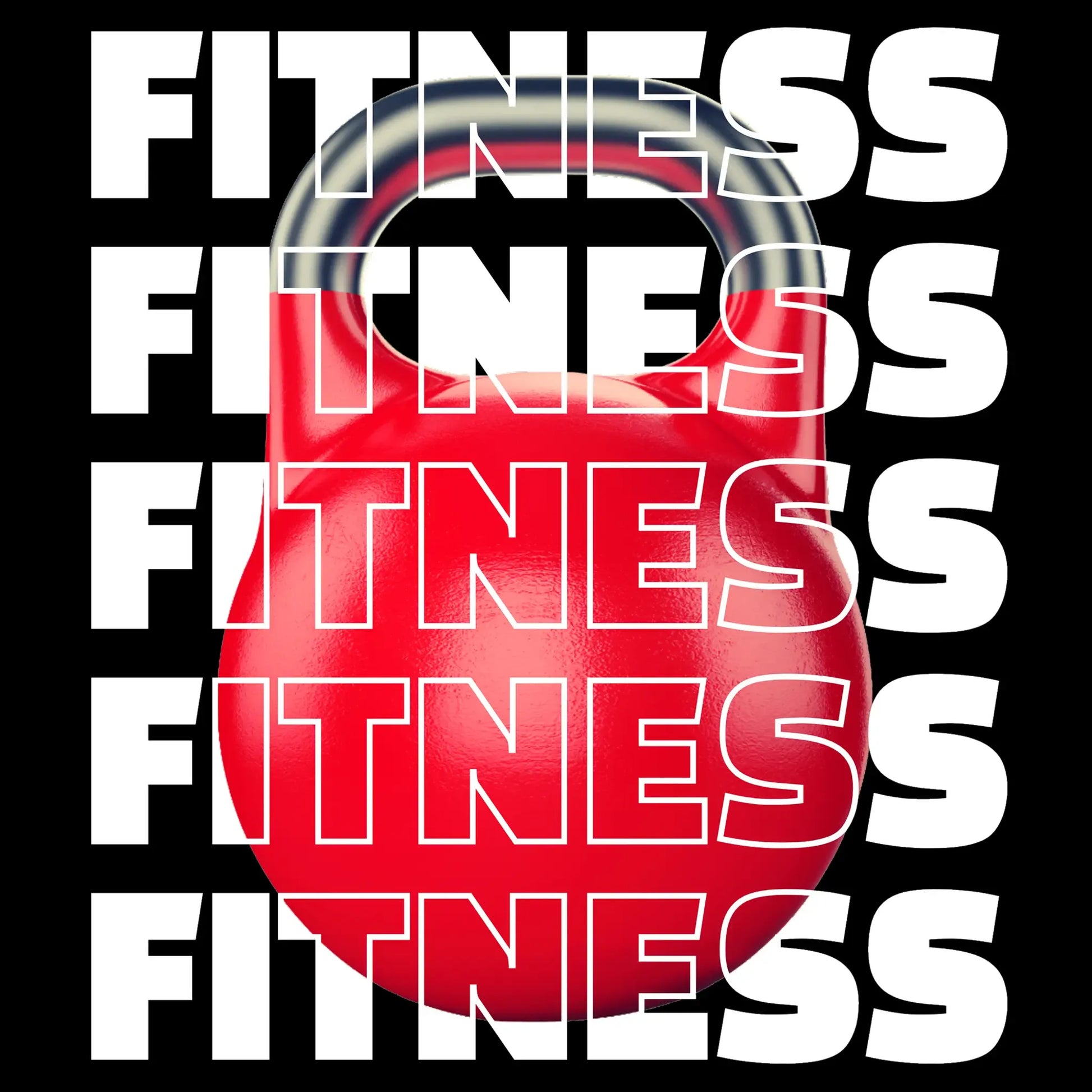 Bold red kettlebell icon above capitalized 'FITNESS' lettering in a powerful, gym-themed layout – Έντονη κόκκινη kettlebell πάνω από τη λέξη 'FITNESS', σε δυναμική σύνθεση με γυμναστηριακό ύφος