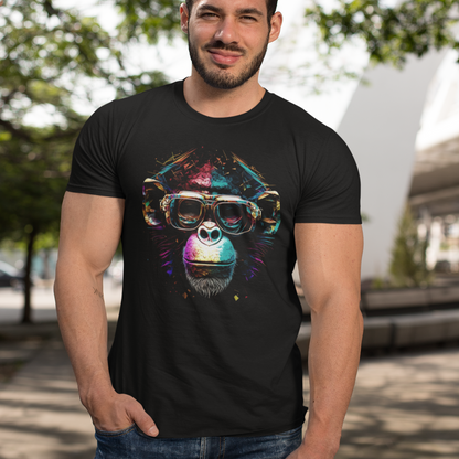 Bright black tee displaying a cheeky retro pop culture ape print. — Έντονη μαύρη μπλούζα που εμφανίζει ένα παιχνιδιάρικο ρετρό pop culture τύπωμα πιθήκου