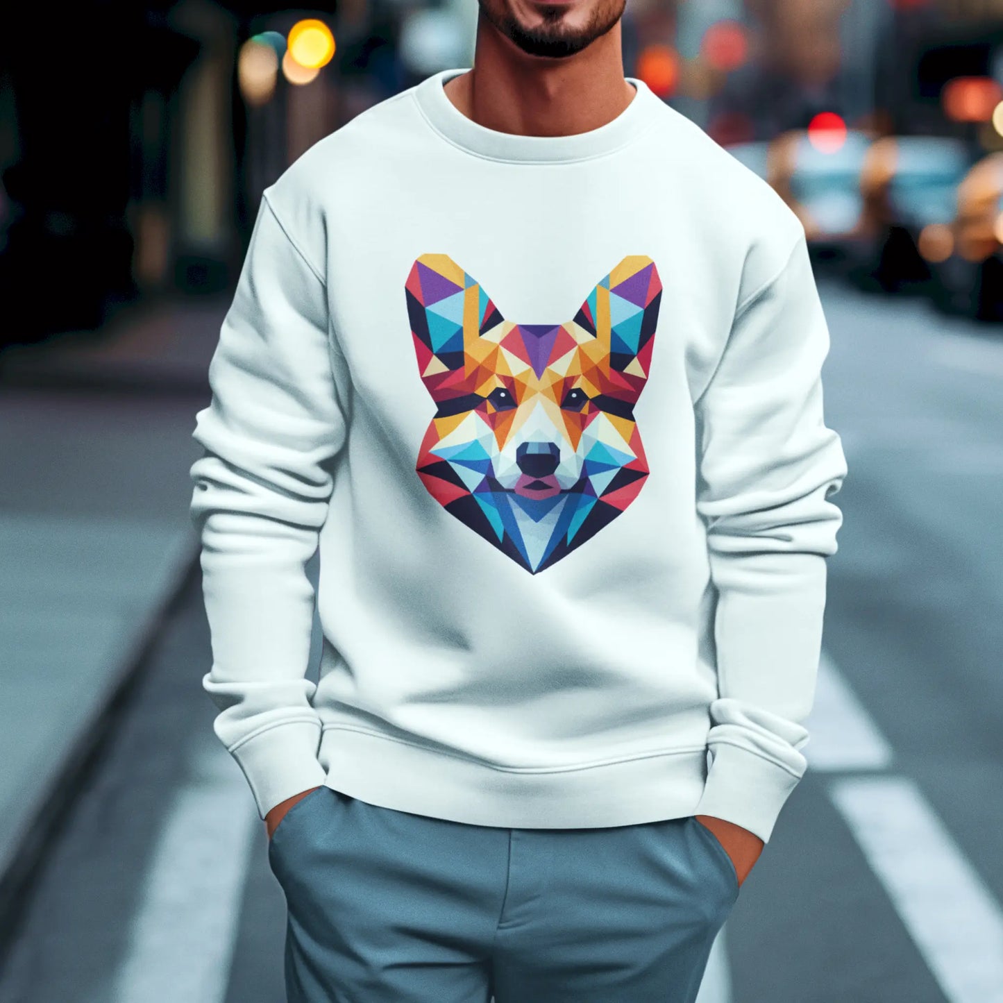 Bright white crewneck featuring artistic Corgi face – Λευκή μπλούζα φούτερ με καλλιτεχνική φάτσα Corgi.