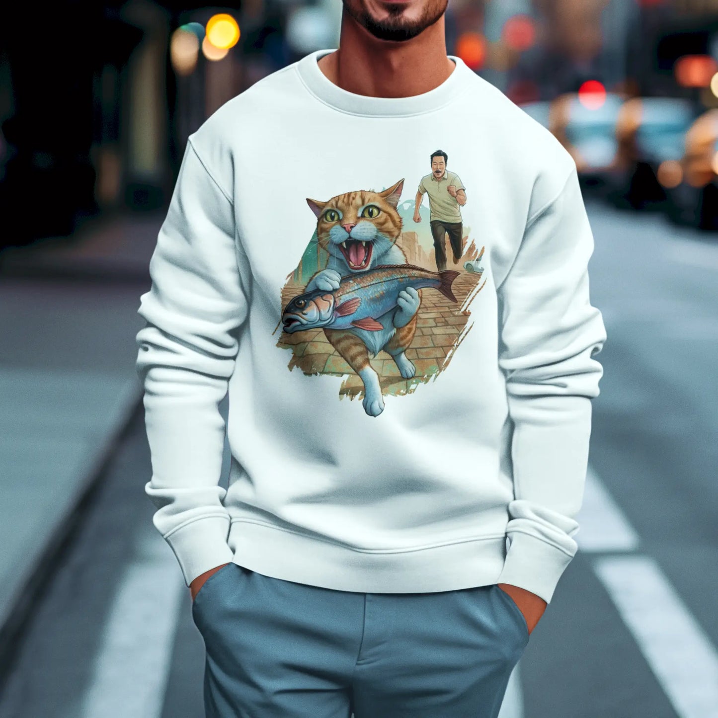 Bright white sweatshirt displaying funny cat fish tale in vivid colors - λαμπερό λευκό φούτερ με αστεία ιστορία γάτας-ψαριού σε έντονα χρώματα