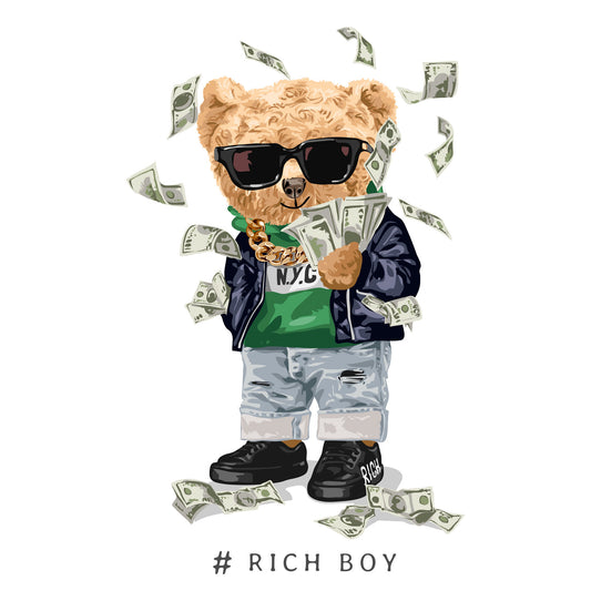 Cartoon teddy bear with sunglasses and money gun spraying cash, symbolizing street wealth and boldness – Σχέδιο cartoon με αρκούδο, γυαλιά και money gun που πετάει χρήματα, σύμβολο πλούτου και street δυναμισμού