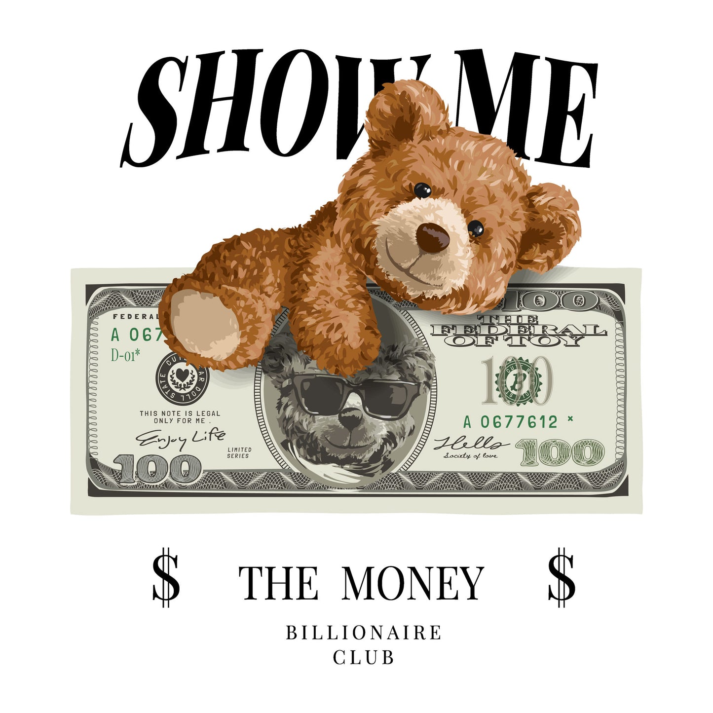 Cartoon teddy bear with sunglasses and stacks of cash, exuding street wealth – Σχέδιο με cartoon αρκουδάκι, γυαλιά και δεσμίδες χρημάτων που αποπνέει πλούτο και street style