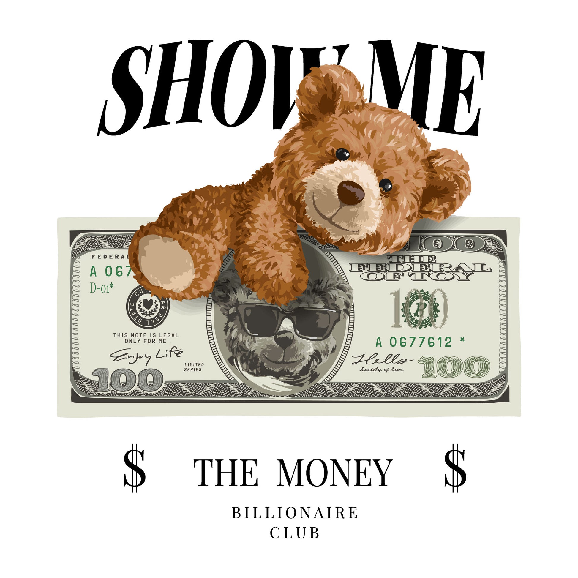 Cartoon teddy bear with sunglasses and stacks of cash, exuding street wealth – Σχέδιο με cartoon αρκουδάκι, γυαλιά και δεσμίδες χρημάτων που αποπνέει πλούτο και street style