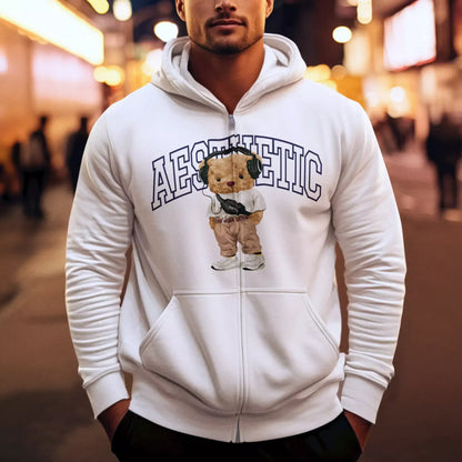 Casual aesthetic bear on white zip hoodie – Αισθητικό teddy πάνω σε λευκή ζακέτα με φερμουάρ