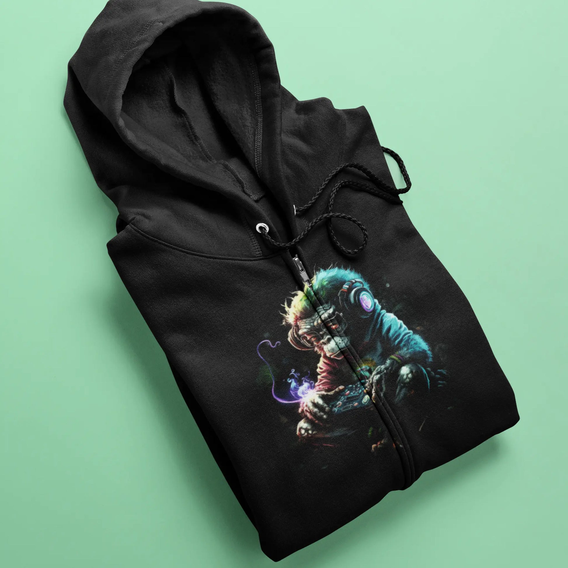 Casual black zip hoodie that adds a unique retro gaming character to any outfit. — Καθημερινή μαύρη ζακέτα με κουκούλα που προσθέτει έναν μοναδικό ρετρό χαρακτήρα gaming σε κάθε ντύσιμο