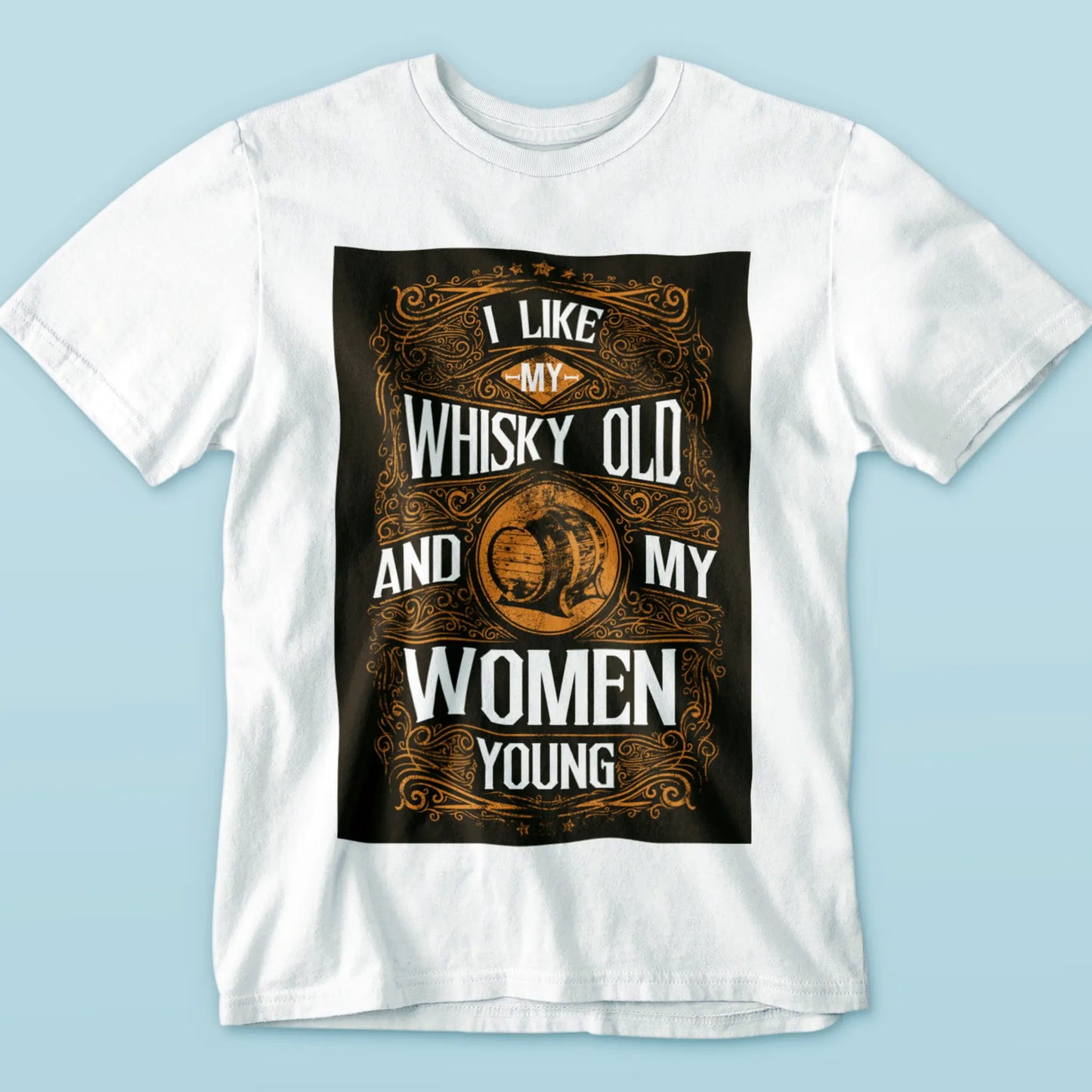 Casual white shirt with whiskey slogan and modern font – Καθημερινό λευκό μπλουζάκι με σύνθημα για ουίσκι και μοντέρνα γραμματοσειρά