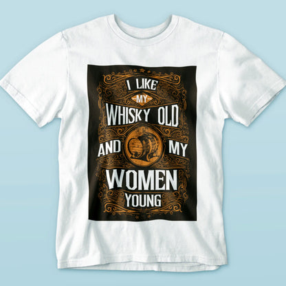 Casual white shirt with whiskey slogan and modern font – Καθημερινό λευκό μπλουζάκι με σύνθημα για ουίσκι και μοντέρνα γραμματοσειρά