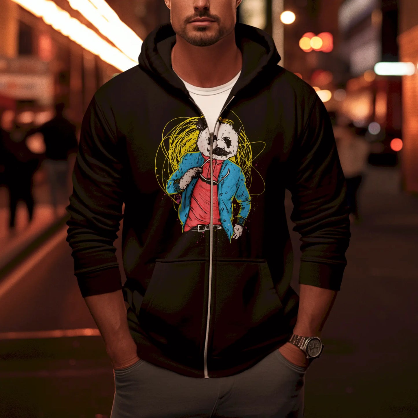 Casual zip hoodie with minimalist panda design in a seated pose – Καθημερινό zip hoodie με μίνιμαλ panda σε καθιστή στάση