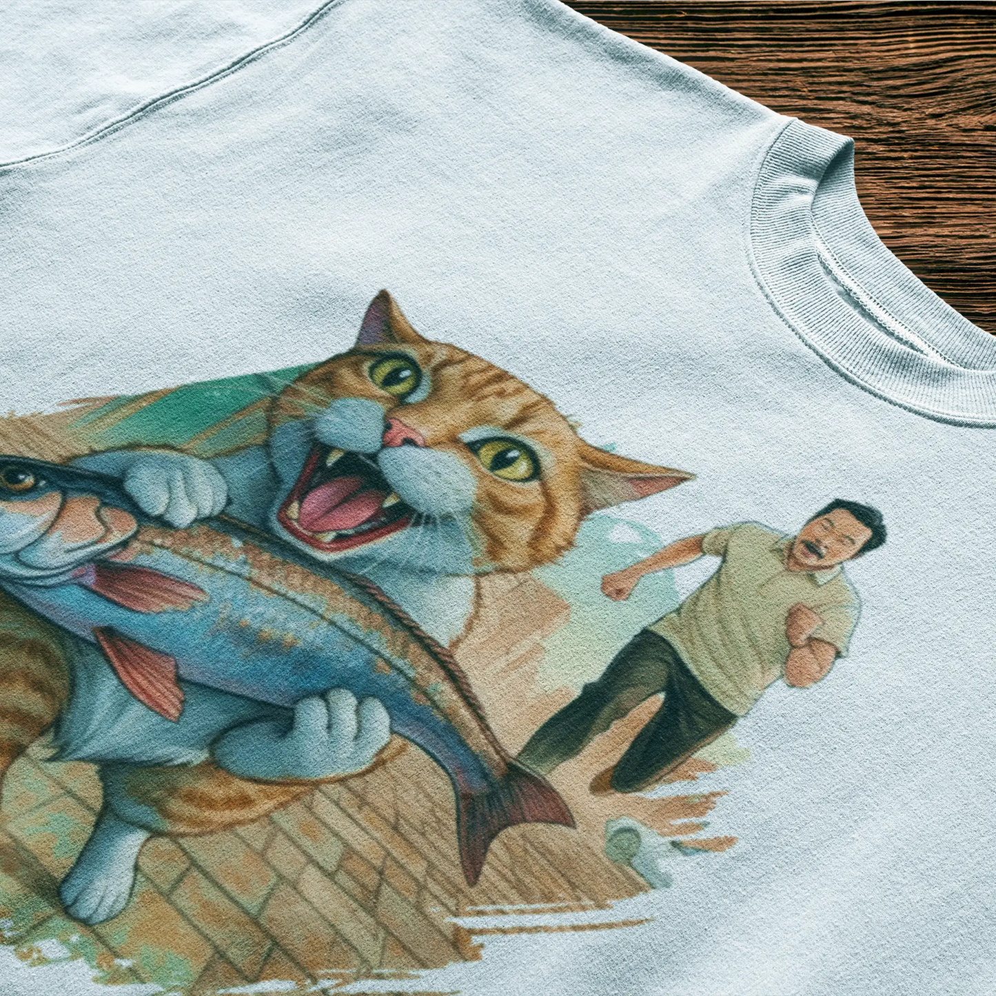 Cat lover's dream design with fish-stealing scene printed on white comfortable tshirt - όνειρο γατόφιλου με σκηνή κλοπής ψαριού σε λευκό άνετο