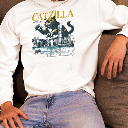 Catzilla destroying city white hoodie featuring giant cat over Hong Kong buildings vintage style - Catzilla καταστρέφει πόλη σε λευκή κουκούλα με γιγάντια γάτα πάνω από Χονγκ Κονγκ κτίρια