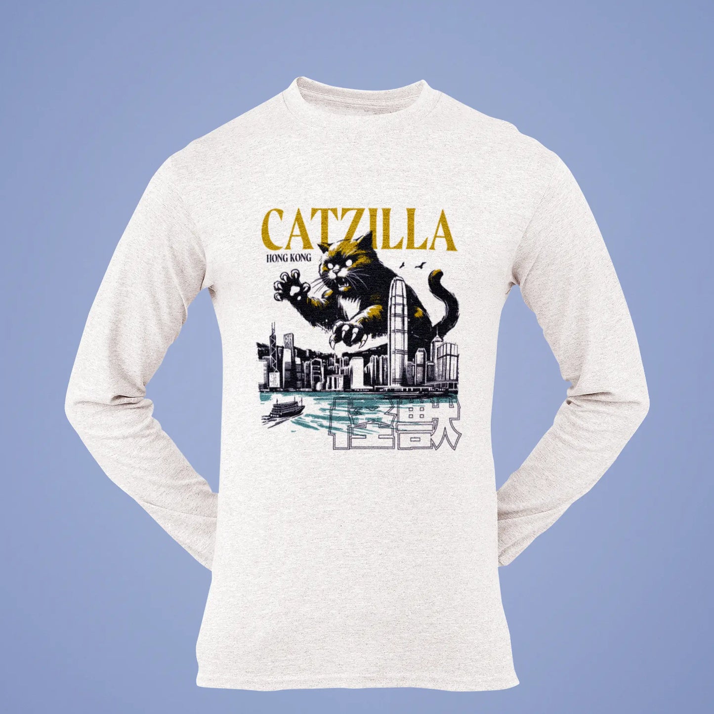 Catzilla destroying city white long sleeve shirt with vintage Hong Kong skyline artwork - Catzilla καταστρέφει πόλη λευκό μακρυμάνικο πουκάμισο με vintage Χονγκ Κονγκ ουρανοξύστες έργο τέχνης