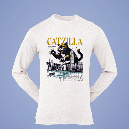 Catzilla destroying city white long sleeve shirt with vintage Hong Kong skyline artwork - Catzilla καταστρέφει πόλη λευκό μακρυμάνικο πουκάμισο με vintage Χονγκ Κονγκ ουρανοξύστες έργο τέχνης