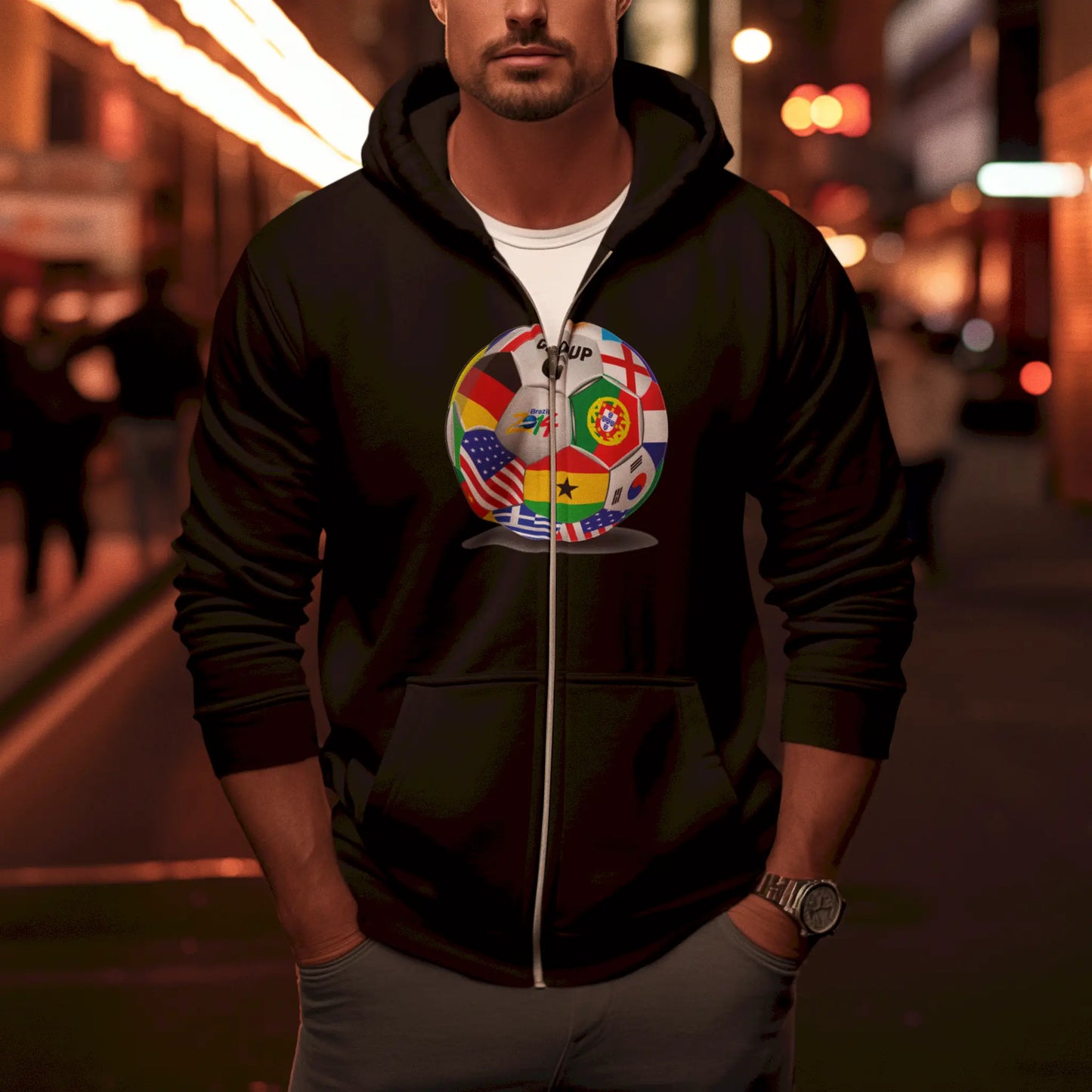 Celebrate global unity in football with this black zip hoodie. | Γιόρτασε την παγκόσμια ενότητα στο ποδόσφαιρο με αυτή τη μαύρη ζακέτα.