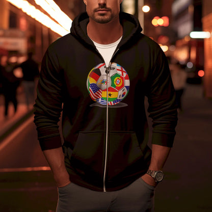 Celebrate global unity in football with this black zip hoodie. | Γιόρτασε την παγκόσμια ενότητα στο ποδόσφαιρο με αυτή τη μαύρη ζακέτα.