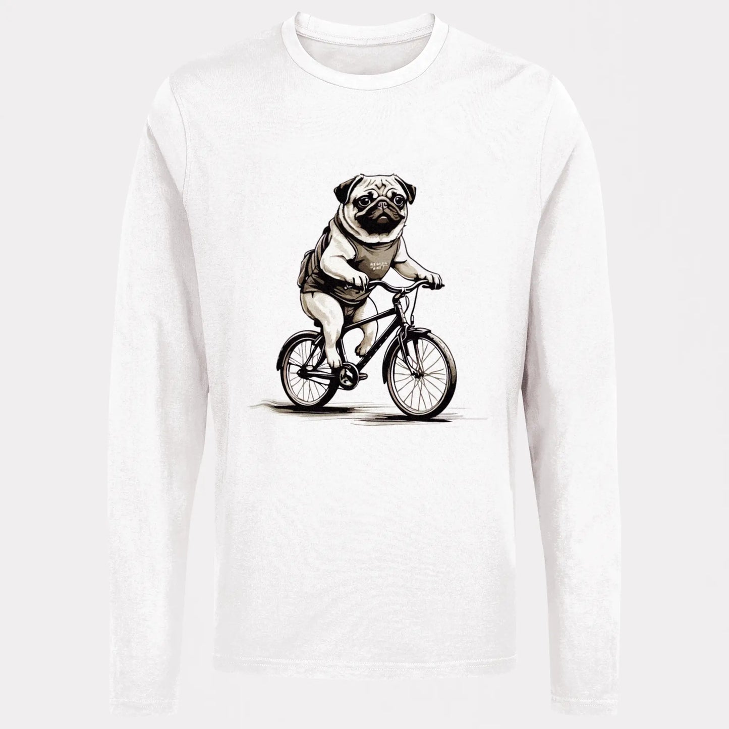 Chill pug bike print on stylish long white sleeve shirt | Χαλαρό pug σε ποδήλατο σε κομψή λευκή μακρυμάνικη μπλούζα