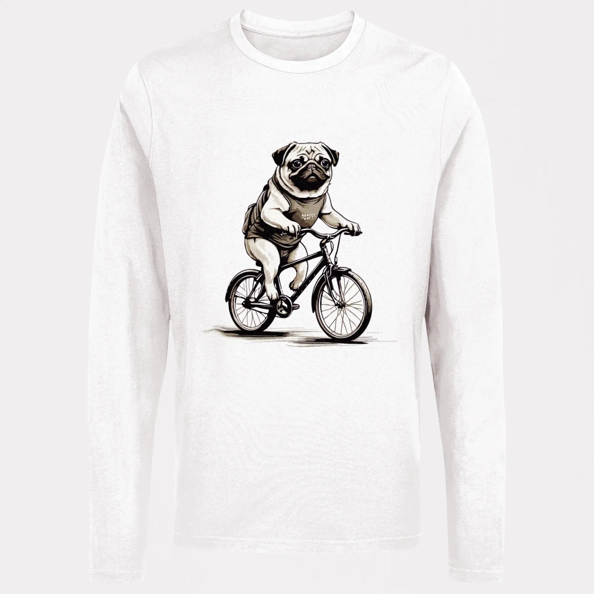 Chill pug bike print on stylish long white sleeve shirt | Χαλαρό pug σε ποδήλατο σε κομψή λευκή μακρυμάνικη μπλούζα