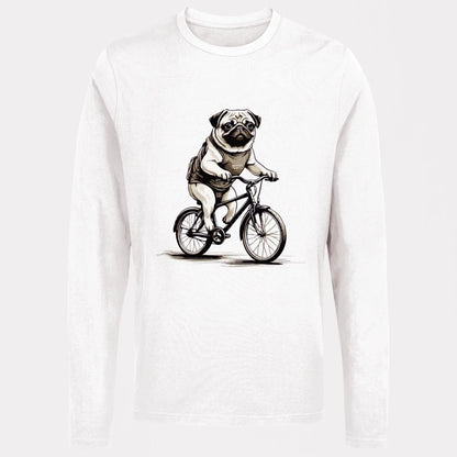 Chill pug bike print on stylish long white sleeve shirt | Χαλαρό pug σε ποδήλατο σε κομψή λευκή μακρυμάνικη μπλούζα