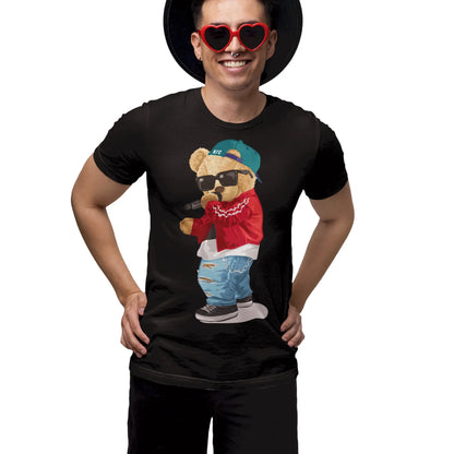 Classic black t-shirt showcasing a confident teddy bear rapper - Αρκουδάκι τραγουδιστής με αυτοπεποίθηση πάνω σε μαύρο tshirt  ιδανικό για βραδινές εξόδους με στυλ
