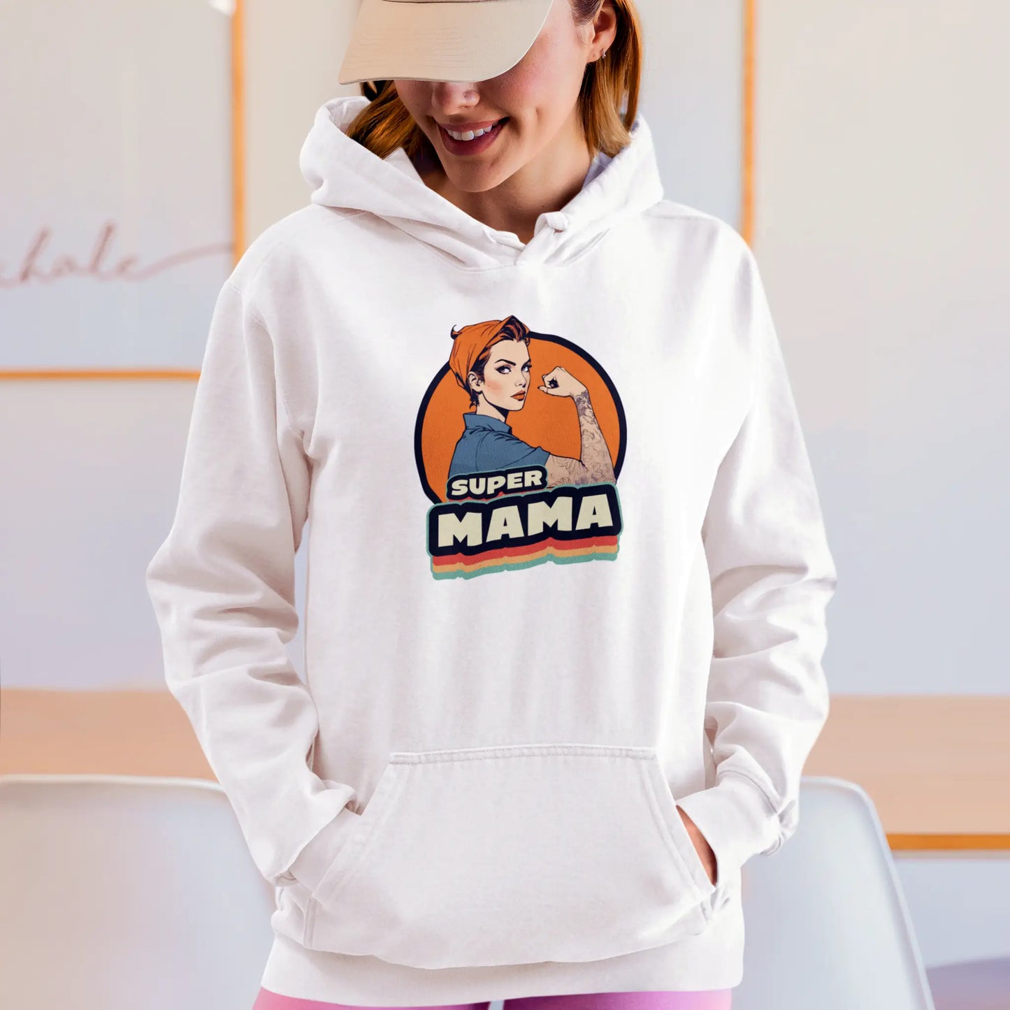 Clean white canvas printed on a white hoodie allows orange accents to illuminate message about unstoppable maternal force - Εμπνευστικό γραφιστικό σχέδιο τυπωμένο σε φούτερ με κουκούλα που απεικονίζει την ασταμάτητη μητρική δύναμη