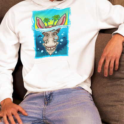 Clean white hoodie with cartoon art – Καθαρό λευκό hoodie με αστείο καρτουνίστικο σχέδιο γαιδάρου