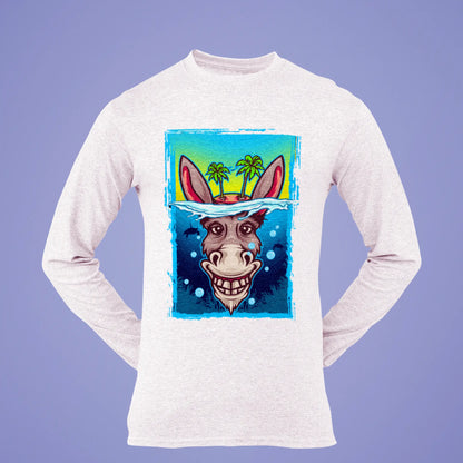 Clean white long sleeve showcasing a quirky donkey and clever line – Καθαρό λευκό μπλουζάκι με έναν ιδιαίτερο γάιδαρο και ειρωνική έκφραση