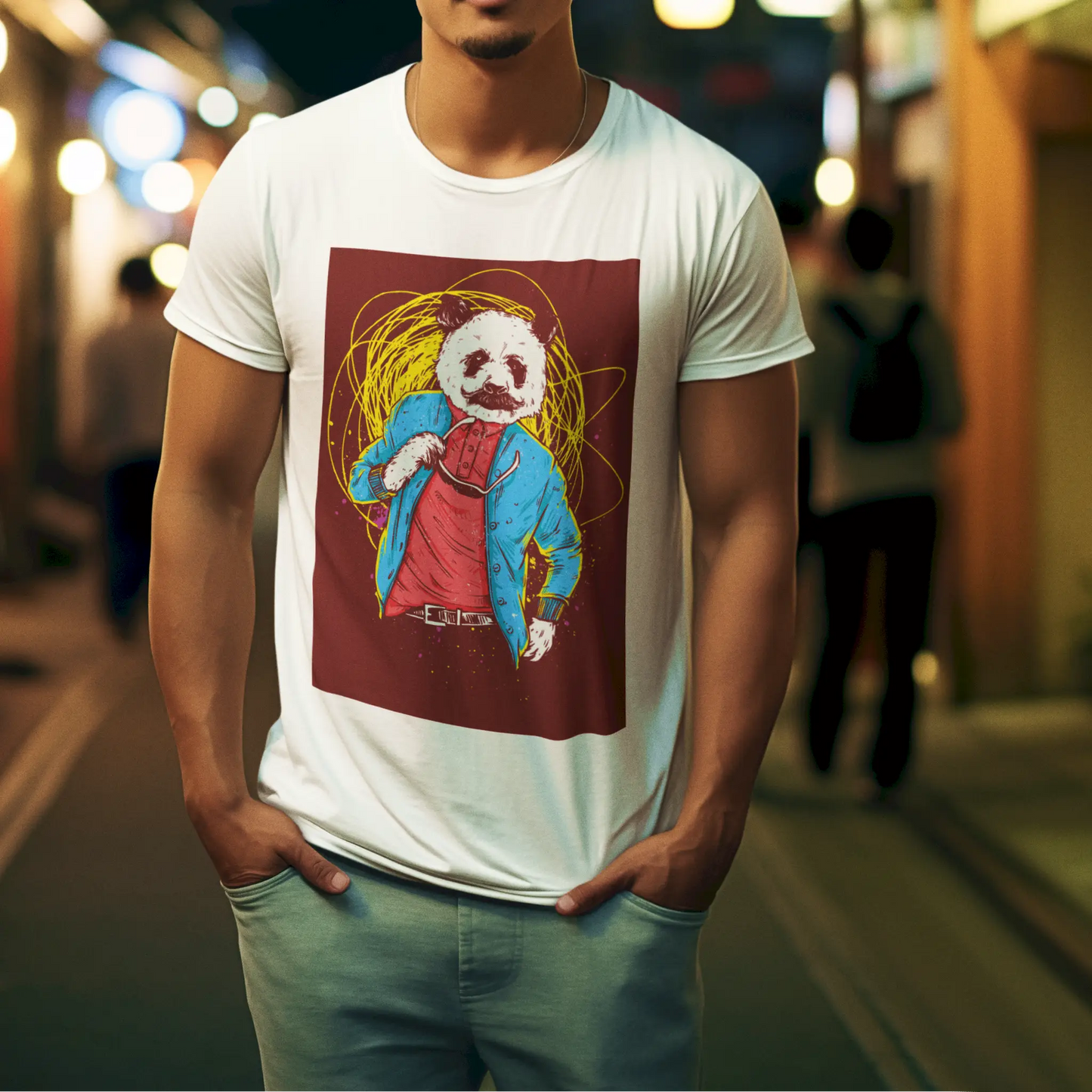 Clean white shirt featuring a zen-looking panda with confident aura – Καθαρό λευκό μπλουζάκι με panda που αποπνέει ήρεμη και σίγουρη αύρα