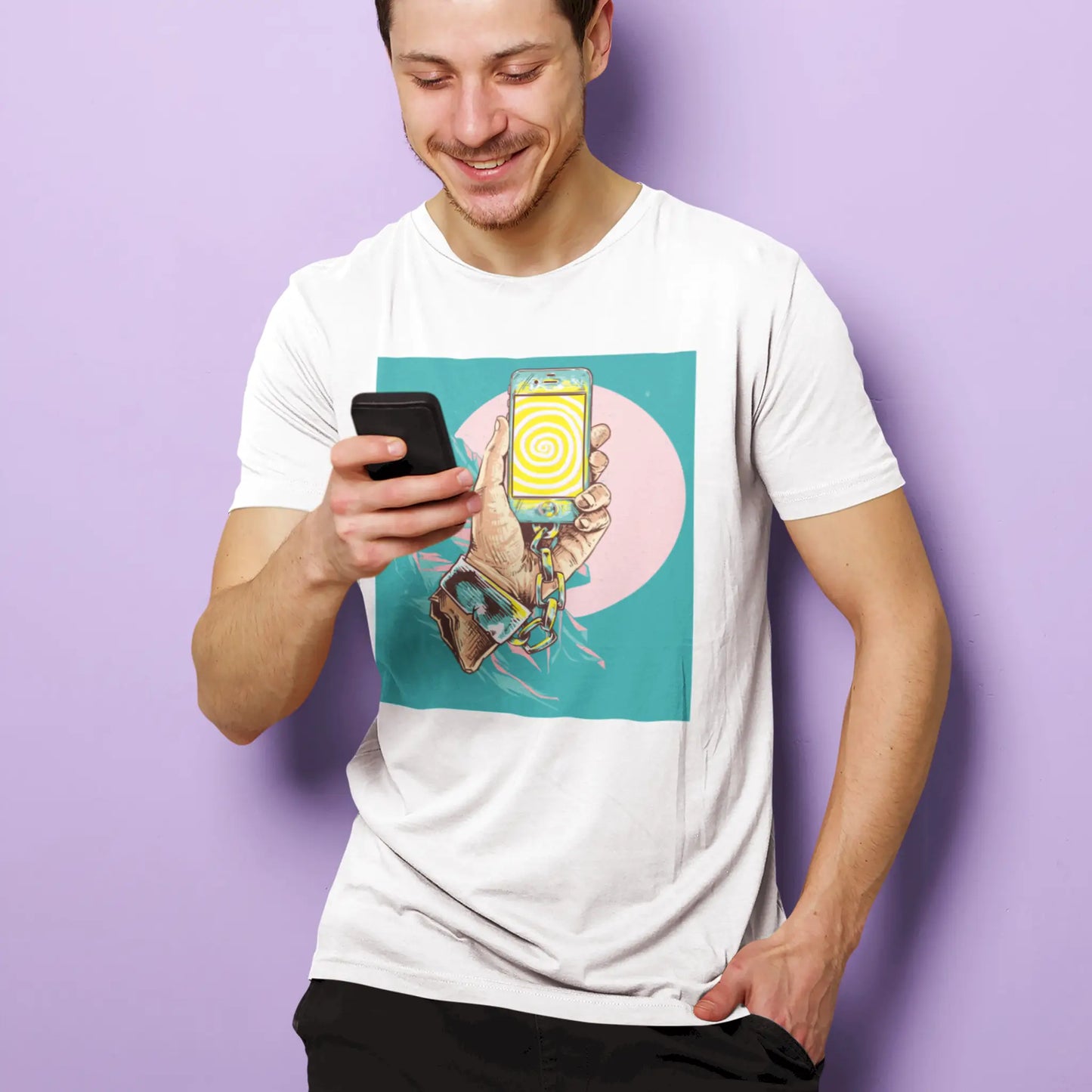 Clean white shirt with phone dependency graphic - Καθαρό άσπρο μπλουζάκι με γραφικό εξάρτησης από κινητό