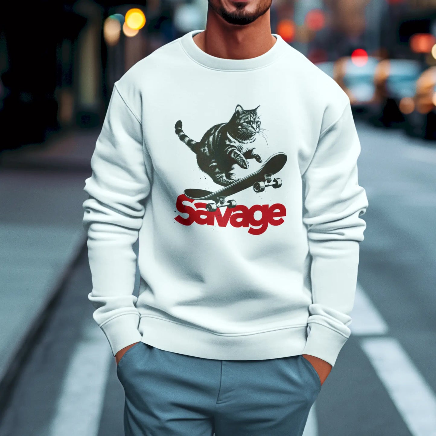Clean white sweatshirt with action cat – δυναμικό print γάτας σε skateboard με bold κόκκινο τίτλο “Savage”
