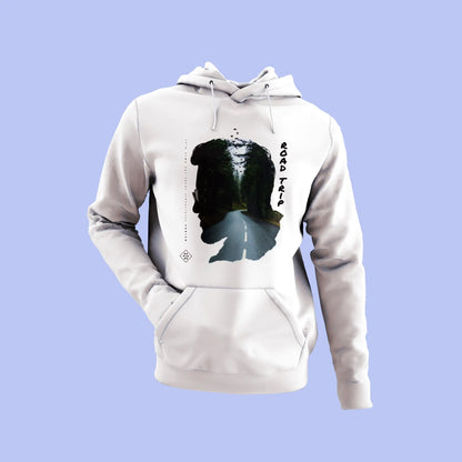 Clean white wilderness hoodie featuring forest road - λευκό φούτερ με κουκούλα για nature photography και hiking lovers