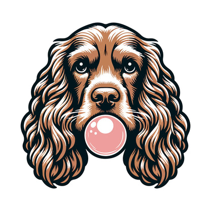 Cocker spaniel dog blowing pink bubblegum bubble - κόκερ σπάνιελ σκύλος φουσκώνει ροζ τσίχλα curly coat flowing hair cute eyes