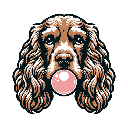 Cocker spaniel dog blowing pink bubblegum bubble - κόκερ σπάνιελ σκύλος φουσκώνει ροζ τσίχλα curly coat flowing hair cute eyes