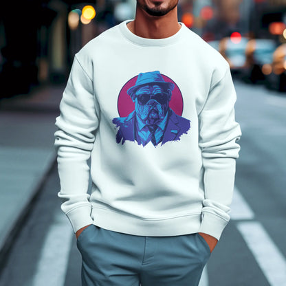 Colorful bulldog artwork creates contrast on white sweatshirt – Πολύχρωμο σχέδιο μπουλντόγκ δημιουργεί έντονη αντίθεση στο λευκό φούτερ