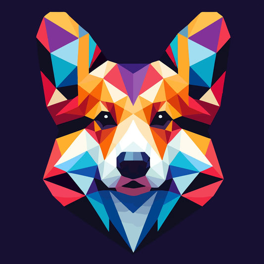 Colorful geometric Corgi vector art with polygonal symmetry – Πολύχρωμη πολυγωνική τέχνη Corgi σε ισορροπημένη pop αισθητική, ιδανική για fashion prints & dog lovers