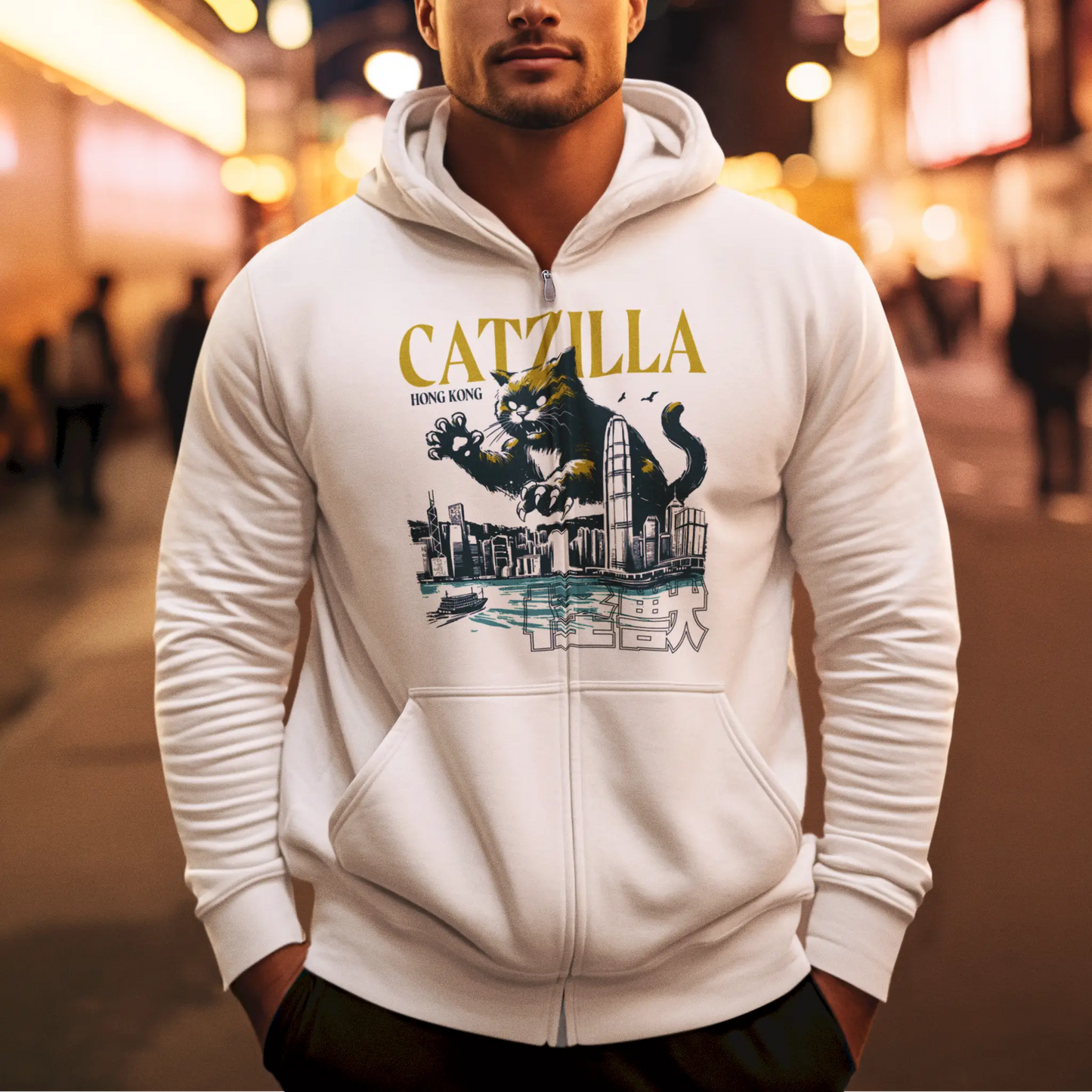 Colossal cat attacking Hong Kong white zip hoodie featuring dramatic monster movie design - Κολοσσιαία γάτα επιτίθεται στο Χονγκ Κονγκ σε λευκή ζακέτα με κουκούλα σε δραματικό monster movie