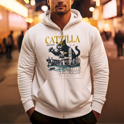 Colossal cat attacking Hong Kong white zip hoodie featuring dramatic monster movie design - Κολοσσιαία γάτα επιτίθεται στο Χονγκ Κονγκ σε λευκή ζακέτα με κουκούλα σε δραματικό monster movie