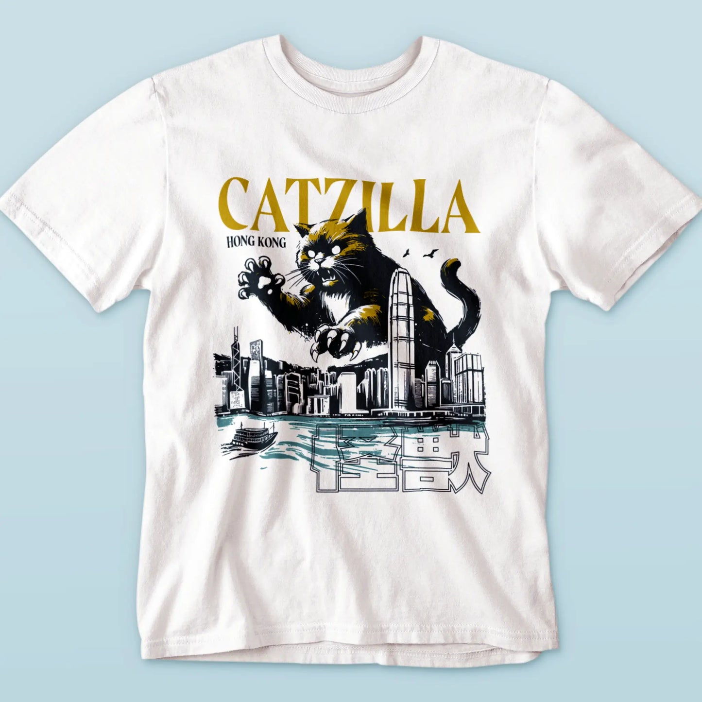 Colossal cat towering over Hong Kong white t-shirt with dramatic urban destruction theme - Κολοσσιαία γάτα υψώνεται πάνω από Χονγκ Κονγκ λευκό t-shirt με δραματικό αστικής καταστροφής θέμα