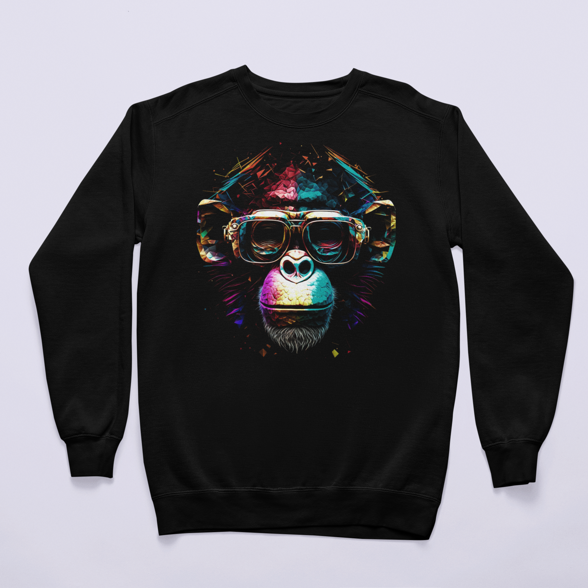 Comfortable black crewneck sweatshirt featuring a funny halftone gorilla print. — Άνετο μαύρο φούτερ λαιμόκοψη που φέρει ένα χιουμοριστικό τύπωμα γορίλα halftone