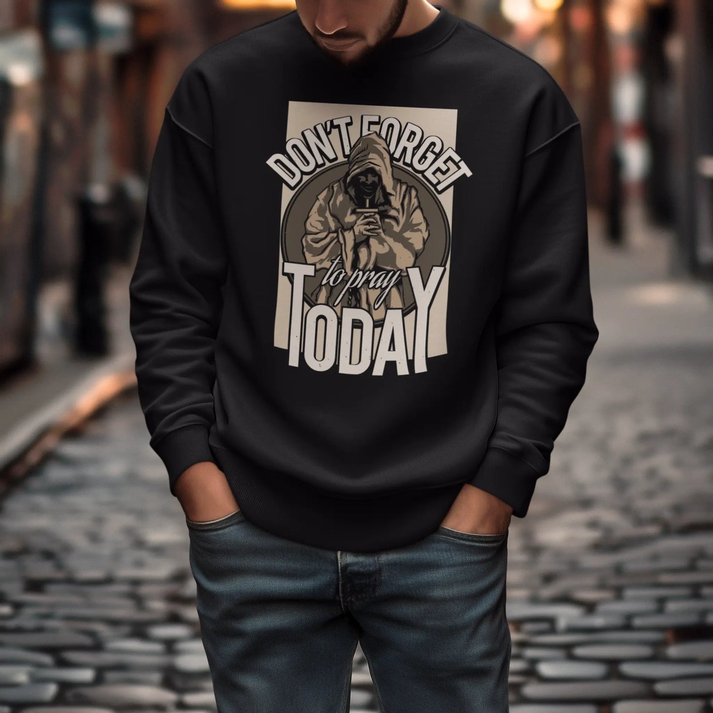 Comfortable black crewneck sweatshirt with the prominent prayer-themed graphic design. — Άνετο μαύρο φούτερ λαιμόκοψη με το εμφανές γραφικό σχέδιο με θέμα την προσευχή