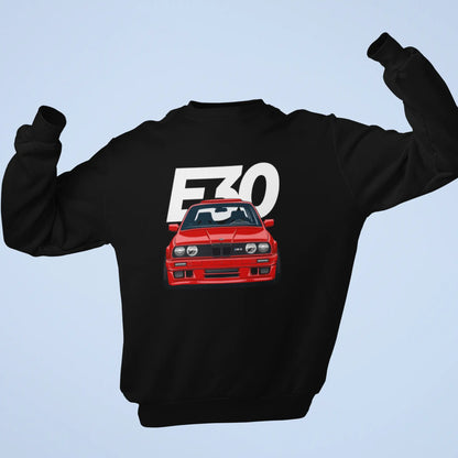 Comfortable black crewneck sweatshirt with the red BMW E30 M3 graphic print. — Άνετο μαύρο φούτερ λαιμόκοψη με το γραφικό τύπωμα της κόκκινης BMW E30 M3