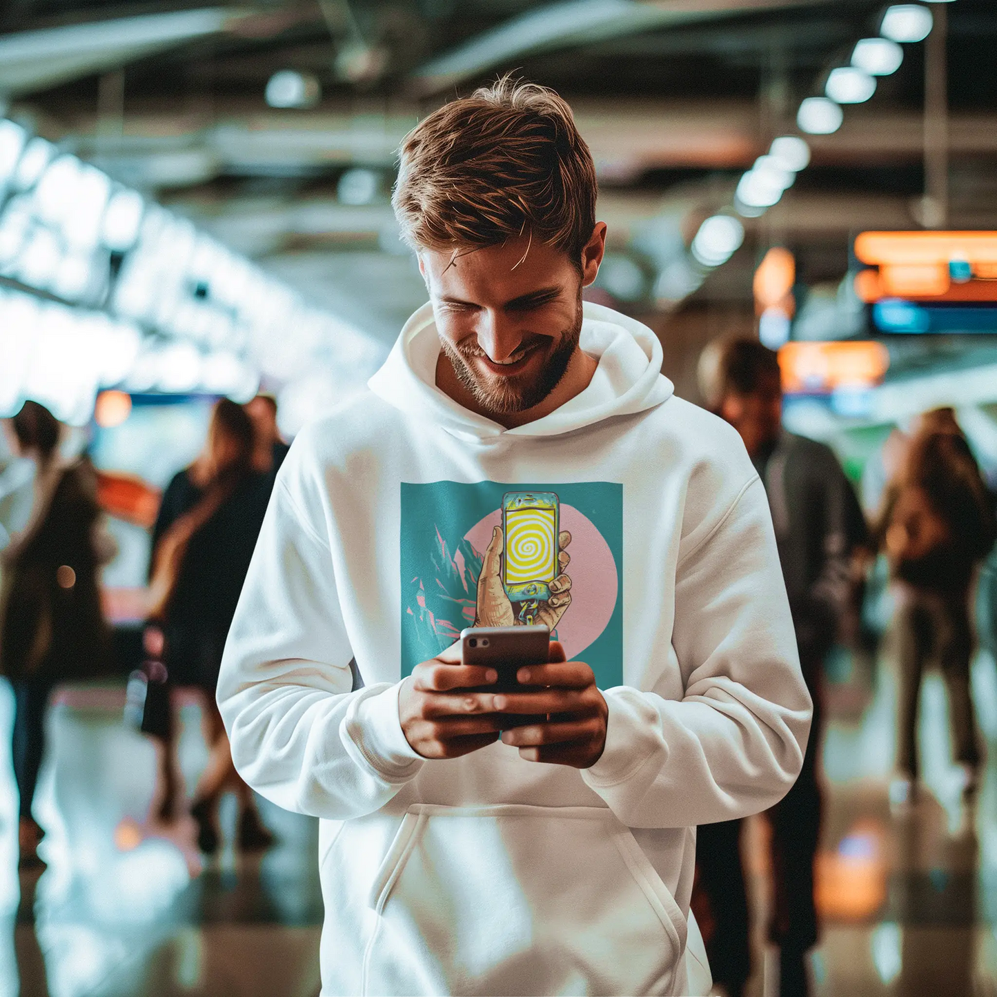 Comfortable hoodie σε λευκό with technology addiction commentary - Φούτερ με σχόλιο τεχνολογικού εθισμού