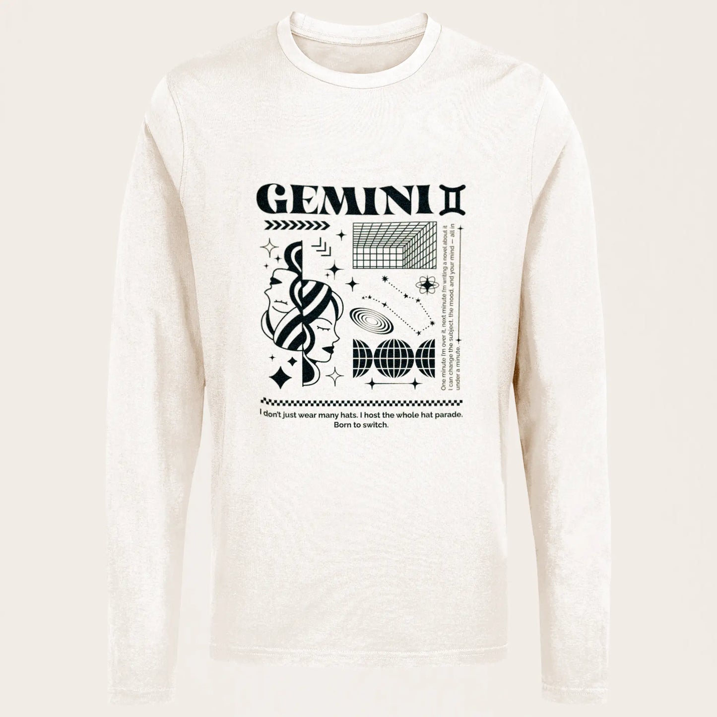 Comfortable white long sleeve shirt featuring gemini symbol and celestial elements - Άνετο λευκό μακρυμάνικο μπλουζάκι με σύμβολο διδύμων και ουράνια στοιχεία