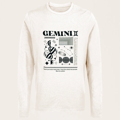 Comfortable white long sleeve shirt featuring gemini symbol and celestial elements - Άνετο λευκό μακρυμάνικο μπλουζάκι με σύμβολο διδύμων και ουράνια στοιχεία