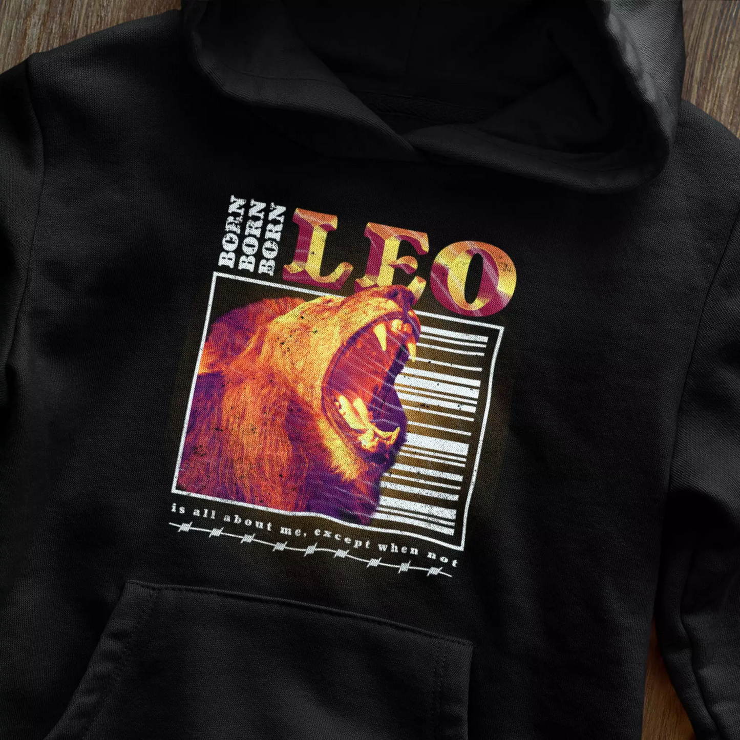 Confident black hoodie featuring leo zodiac symbol and royal astrology text - Μαύρο hoodie κουκούλα με σύμβολο ζωδίου λέοντα και βασιλικό αστρολογικό κείμενο