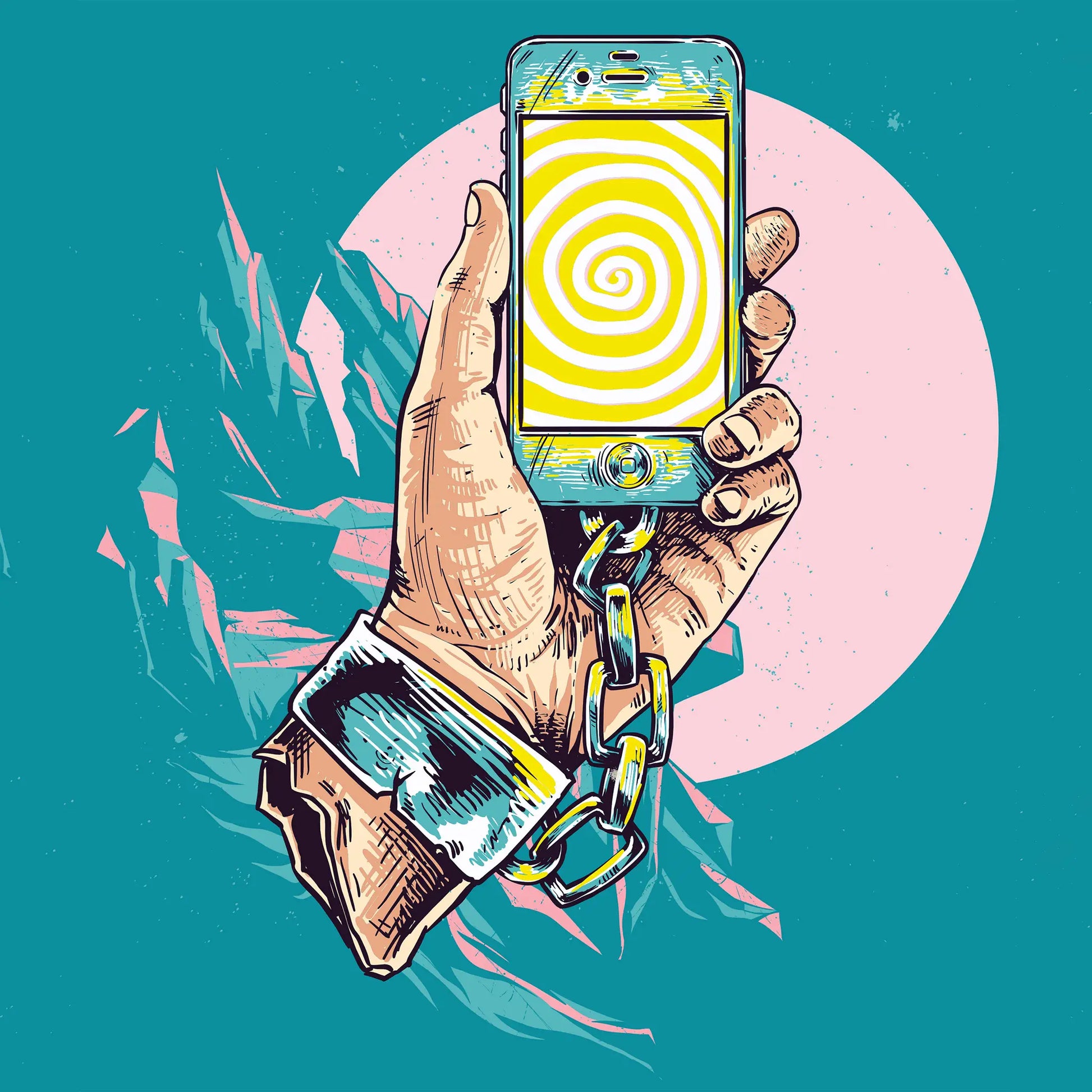 Contemporary digital art featuring hand holding smartphone με spiral screen και metal chain - Σύγχρονη ψηφιακή τέχνη με χέρι που κρατάει κινητό και κίτρινη σπείρα στην οθόνη, συμβολίζοντας ψηφιακή εξάρτηση