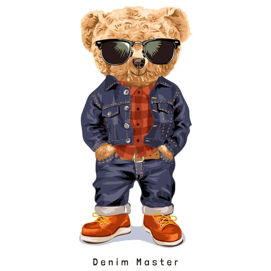 Cool bear illustration with denim jacket, red flannel shirt and sunglasses – Αρκουδάκι με τζιν σακάκι, κόκκινο φανελένιο πουκάμισο και γυαλιά ηλίου