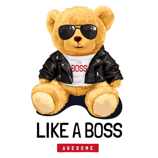 Cool teddy bear wearing sunglasses and black leather jacket with THE BOSS t-shirt, sitting confidently – Κουλ αρκουδάκι με μαύρο δερμάτινο μπουφάν και γυαλιά ηλίου, φοράει μπλούζα με τη λέξη THE BOSS
