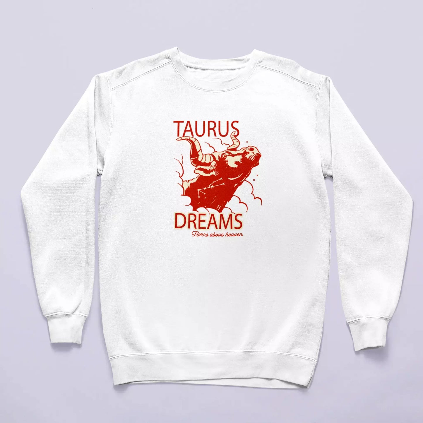 Cozy Taurus white crewneck for celestial dreams and earthly comfort / Άνετο λευκό φούτερ Ταύρος για ουράνια όνειρα και γήινη άνεση