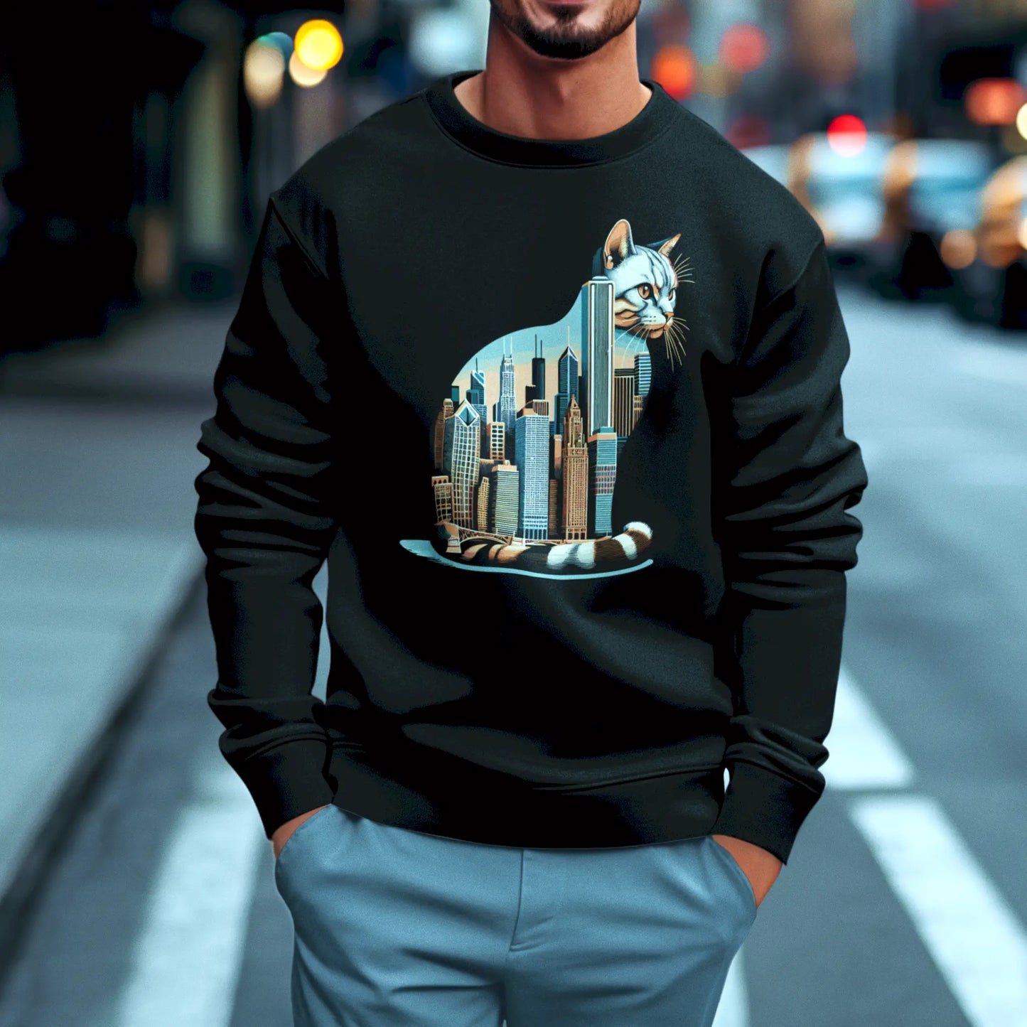 Cozy black crewneck with skyline cat graphic – Μαύρο φούτερ λαιμόκοψη με σχέδιο γάτας και πόλης Chicago