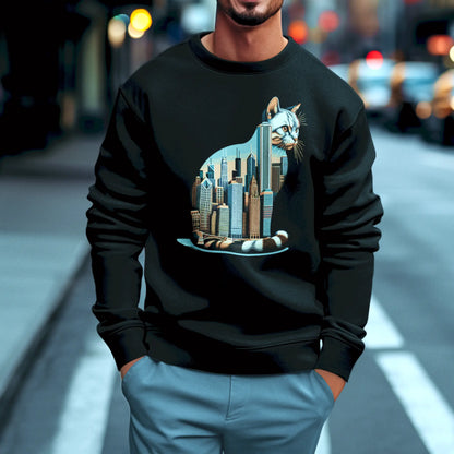 Cozy black crewneck with skyline cat graphic – Μαύρο φούτερ λαιμόκοψη με σχέδιο γάτας και πόλης Chicago