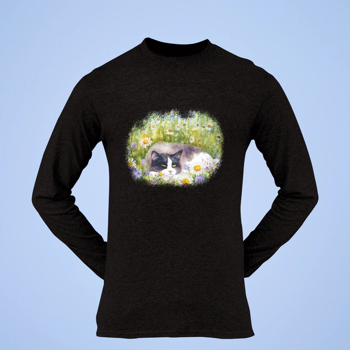 Cozy black long sleeve shirt featuring enchanting watercolor cat design with blooming daisies artwork - Άνετο μαύρο μακρυμάνικο μπλουζάκι με μαγευτικό watercolor σχέδιο γάτας με μαργαρίτες